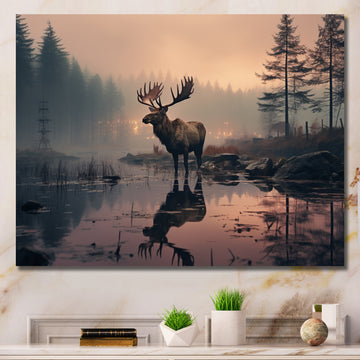 Brown Peach Moose Misty Morning - Moose Wall Art Prints